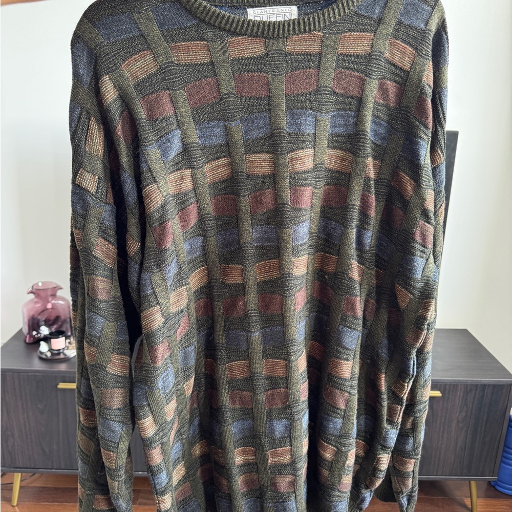 Vintage Oversized Green and Brown Crewneck Sweater with Geometric Pattern